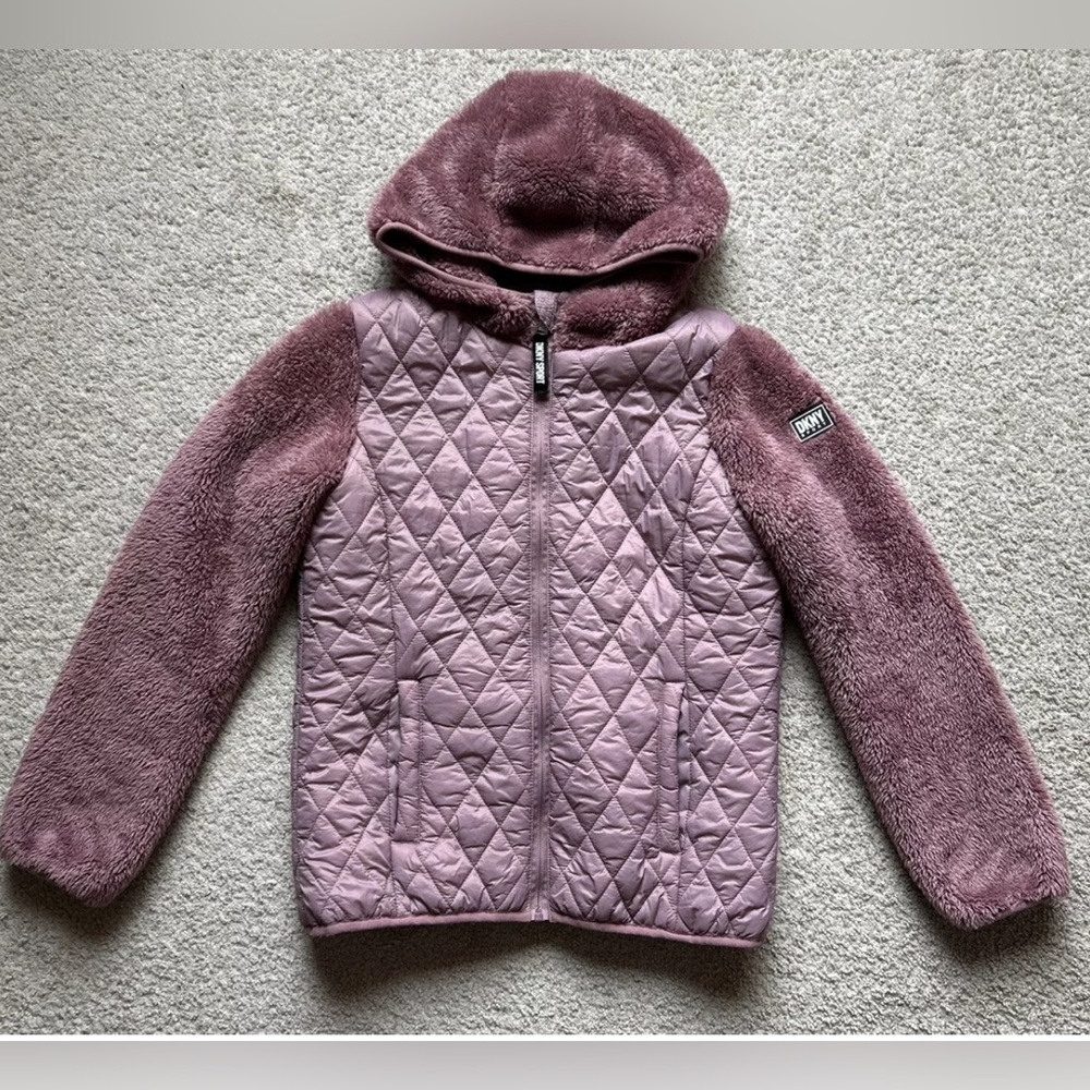 DKNY Big Girls Faux Fur Hooded Jacket Sz14/16 Cameo Pink Gorpcore Outdoor Casual